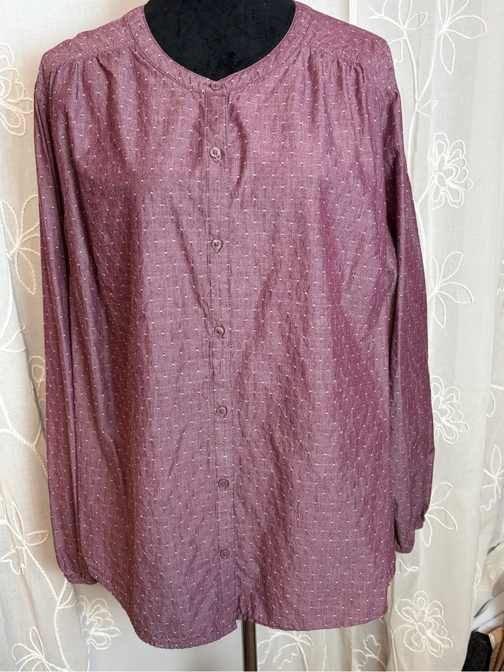St. John's Bay deep Mauve Dot-Textured Button-Front Blouse